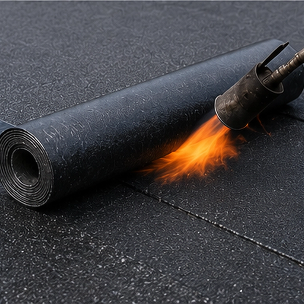 Brander die een rol bitumen dakbedekking op een plat dak aanlast
